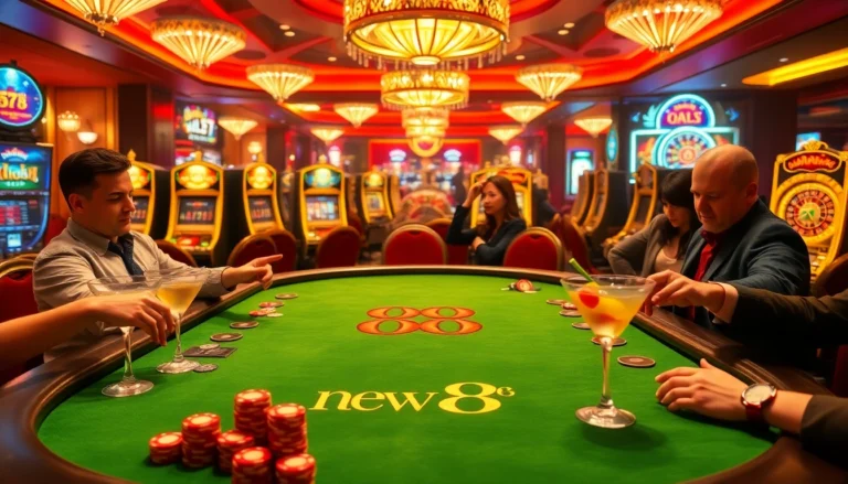 New 88 themed casino excitement with players at a luxurious poker table.