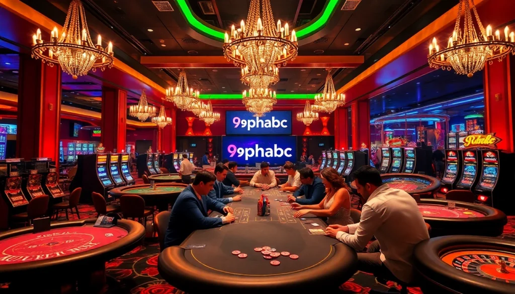 Players enjoy an exhilarating blackjack game at the casino branches of 9phabc, illuminated by vibrant lights and excitement.
