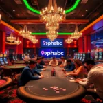 Players enjoy an exhilarating blackjack game at the casino branches of 9phabc, illuminated by vibrant lights and excitement.