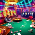 UU88 gambling scene featuring an intense poker game with vibrant slot machines in the background.