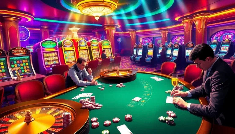 UU88 gambling scene featuring an intense poker game with vibrant slot machines in the background.