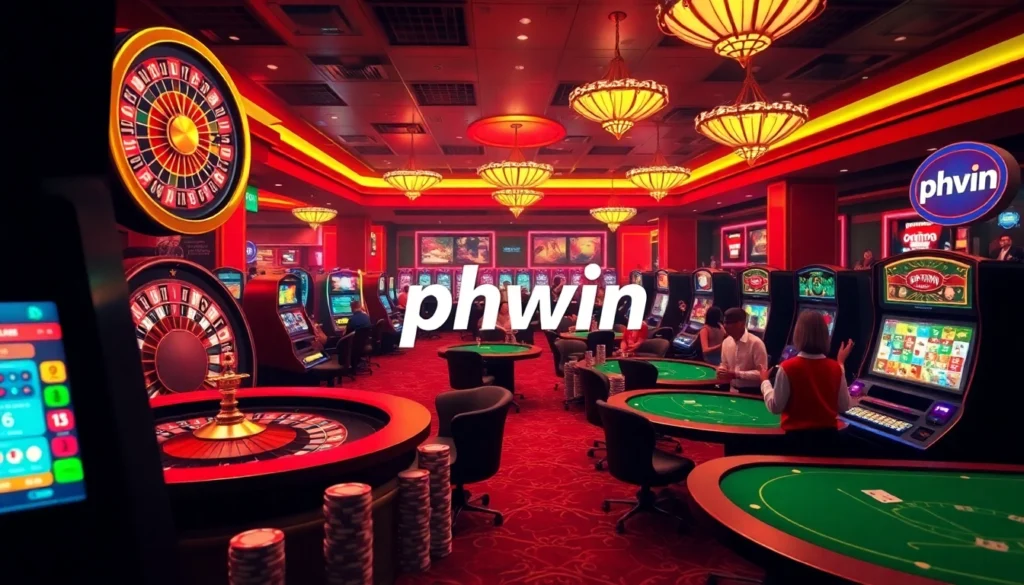 Experience the thrill of phwin with vibrant casino games, enthusiastic players, and colorful slot machines.