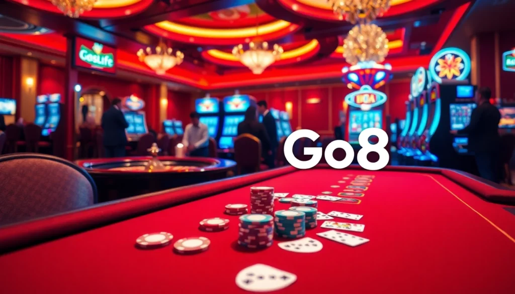 Go8 gaming excitement at a casino table featuring poker chips and cards.