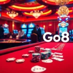 Go8 gaming excitement at a casino table featuring poker chips and cards.