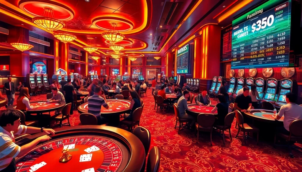 Vibrant casino scene at Nhà Cái 32win with players at poker tables and vibrant slot machines.