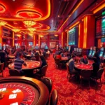 Vibrant casino scene at Nhà Cái 32win with players at poker tables and vibrant slot machines.