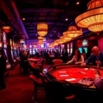 Players enjoying high-stakes poker at the lively l444 casino, surrounded by vibrant lights and gaming excitement.