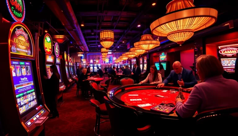 Players enjoying high-stakes poker at the lively l444 casino, surrounded by vibrant lights and gaming excitement.