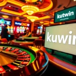 Kuwin's exhilarating casino scene with players at roulette and poker tables, showcasing vibrant betting action.