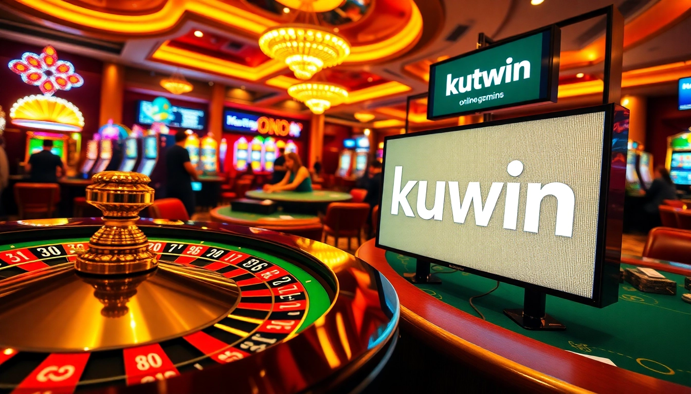 Kuwin's exhilarating casino scene with players at roulette and poker tables, showcasing vibrant betting action.