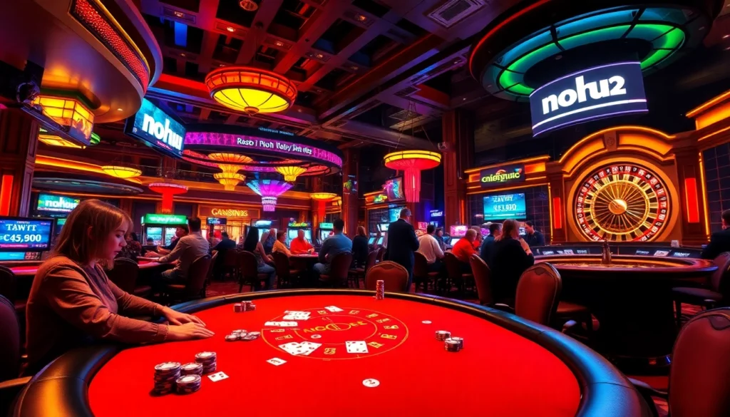 Nohu52 gaming excitement at a lively poker table in a vibrant casino.