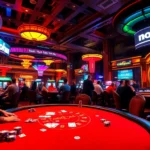 Nohu52 gaming excitement at a lively poker table in a vibrant casino.