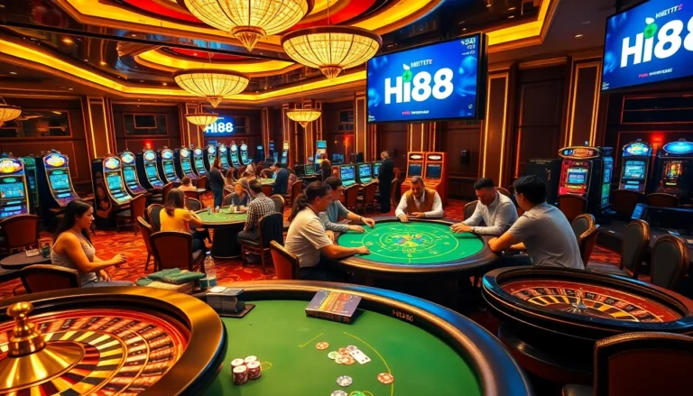 Players enjoying a thrilling game at Hi88's vibrant casino tables featuring poker chips and slot machines.