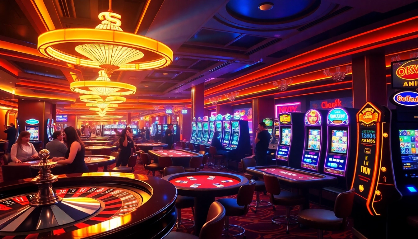 Explore the thrilling casino atmosphere where OKWIN shines with exciting games and vibrant neon lights.