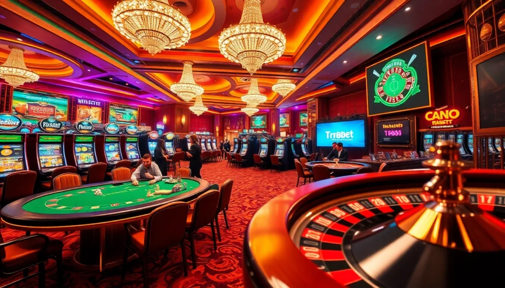Experience the excitement of gambling at https://tr88bet.com/ featuring vibrant casino elements like cards, chips, and tables.