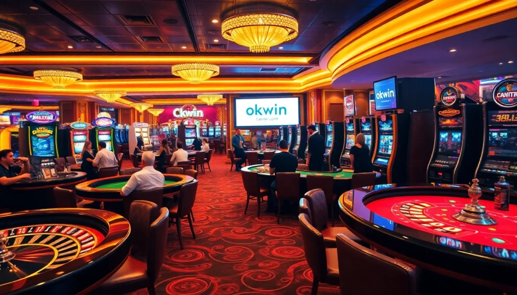 Experience the excitement of gaming at okwin.com with vibrant casino tables, chips, and players in action.