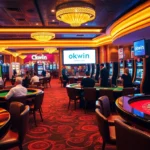 Experience the excitement of gaming at okwin.com with vibrant casino tables, chips, and players in action.